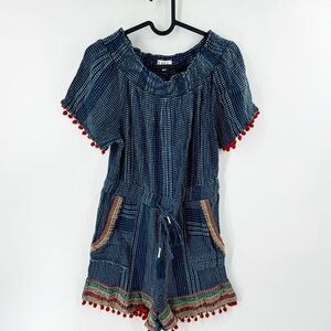 ✅ THML BLUE Romper with COLORFUL Pompon Size SMALL ON/OFF SHOULDER BOHO‎
